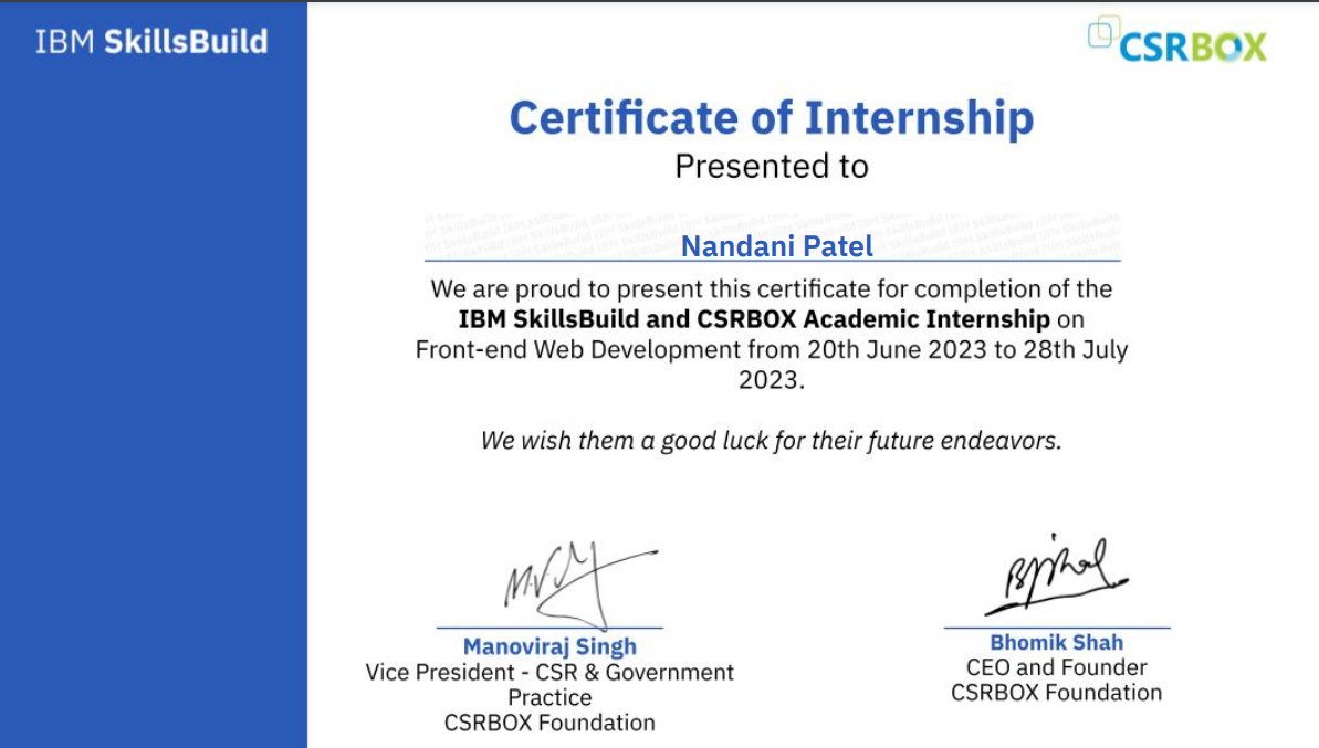 Nandani_1406's tweet image. 🎓 Just received my certificate for completing Front-end Web Development with IBM SkillsBuild and CSRBOX academic internship! 
#WebDev #IBM #CSRBOX 
@IBM @IBMDeveloper @csrboxorg
