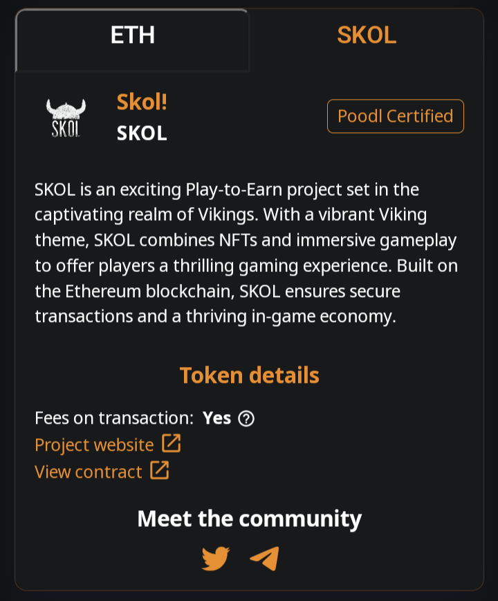SKOL_ERC20's tweet image. Vikings we are happy to announce we have been vetted and listed on Poodl Exchange. Poodl exchange aggregates and gives the best swap with the lowest fees. This is Skol's preferred method to buy and has been used for the various buybacks it's a smooth pleasant experience.#Skol