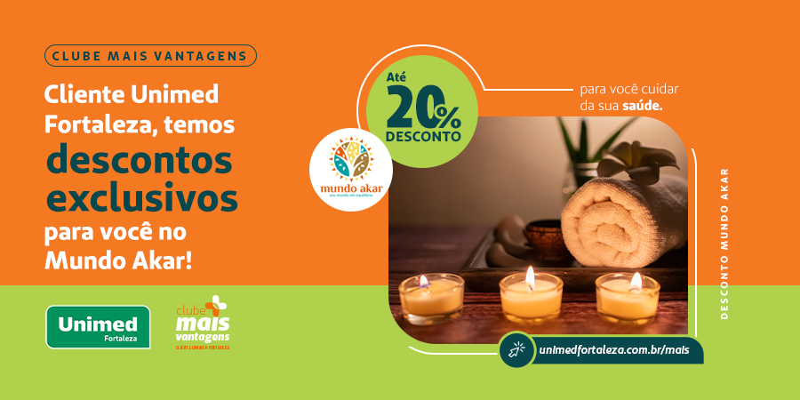 Cuide do seu equilíbrio físico, espiritual e mental pagando menos com o Clube Mais Vantagens da Unimed Fortaleza. 💚 

Aproveite os serviços do @mundo_akar, nosso parceiro que oferece massagens, terapias e meditação. 🧘‍♀️ 

Saiba mais no site 🔗 unimedfortaleza.com.br/mais