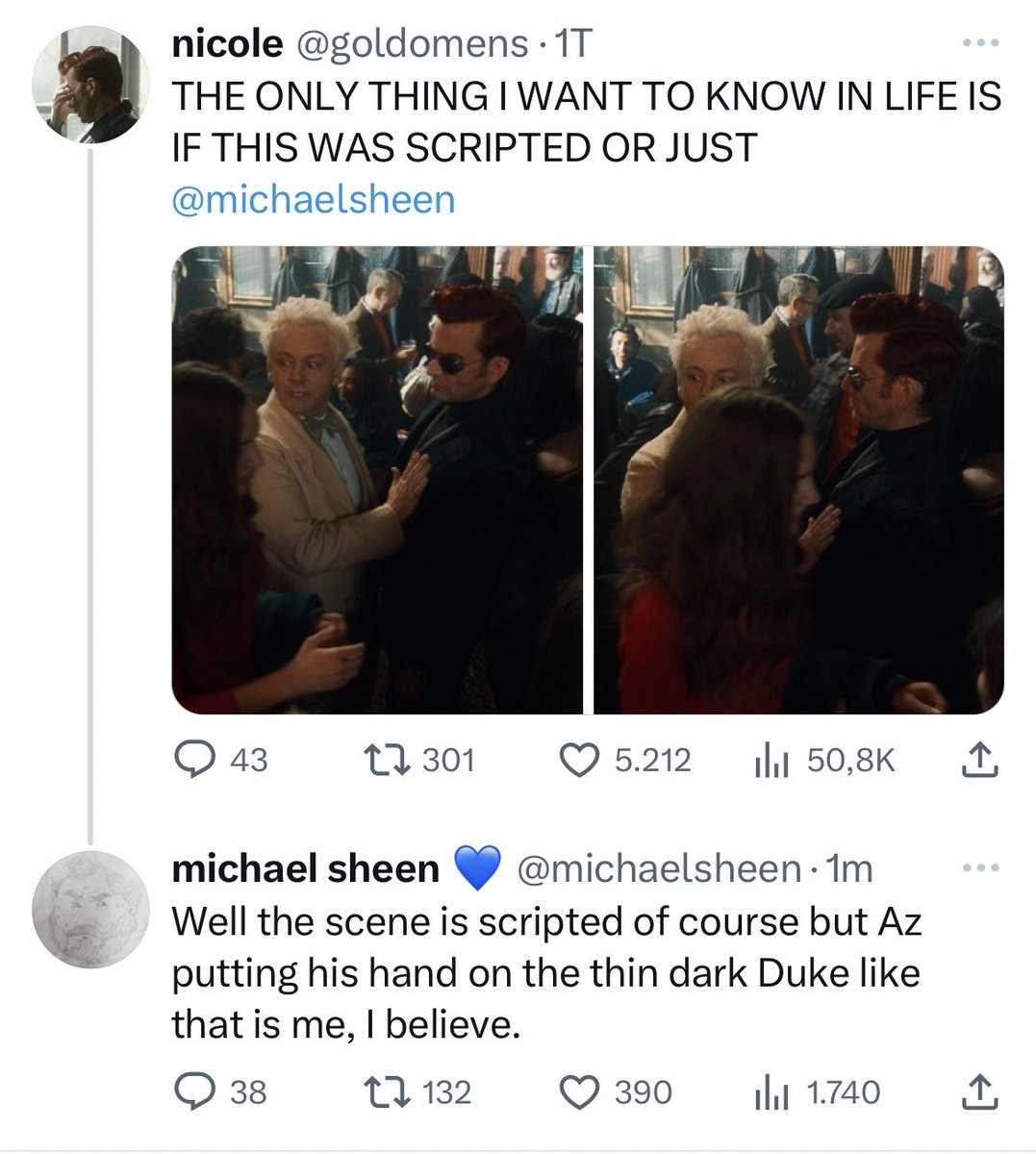crowleysundies's tweet photo. the devil works hard but michael christopher sheen works harder https://t.co/gwxGYyd1Ih