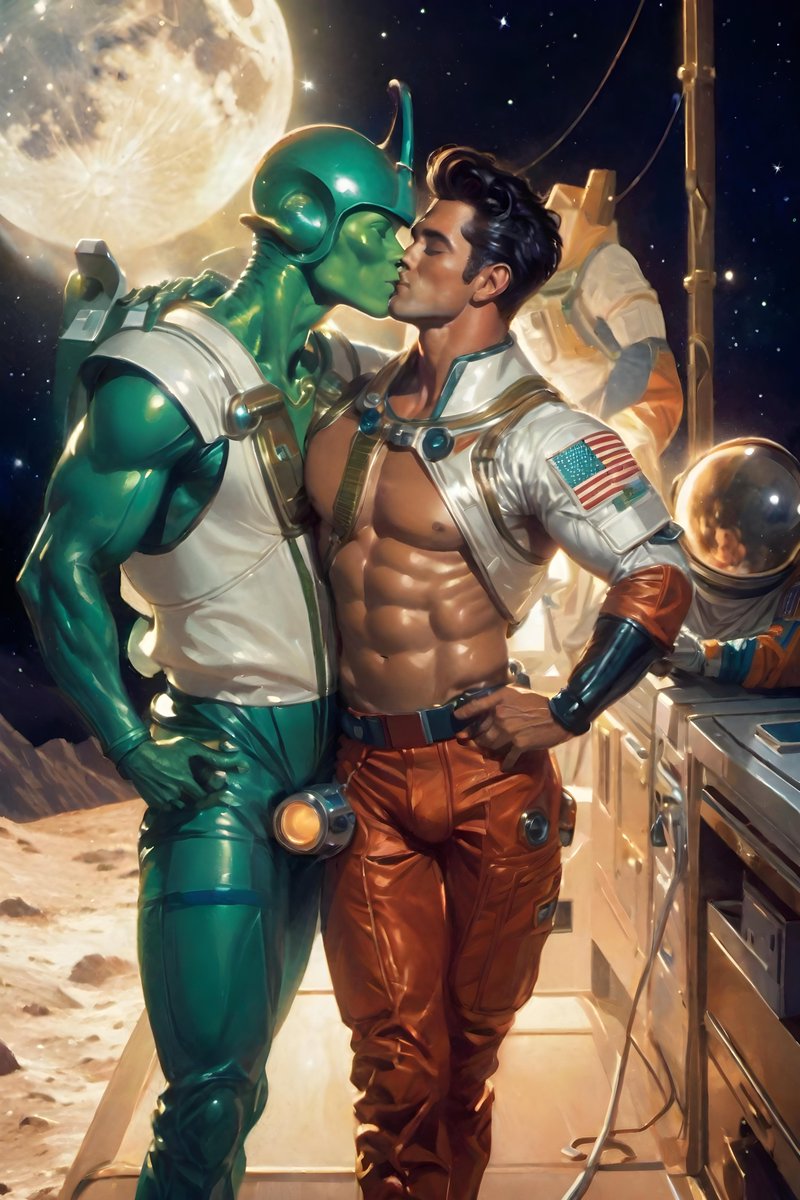 DannyBoy6k's tweet photo. (Retro)Futuristic Lovers for #gayaichallenge ~ Alien boyfriend
#AIart #GayAi #Bara #Yaoi https://t.co/yGPmQG5ZM8