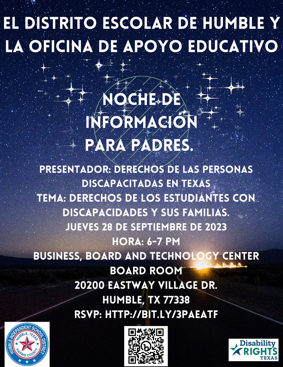 Save the Date! Parent Information Night 9-28-23 <a href="/DisRightsTx/">Disability Rights Texas</a> will be speaking <a href="/HumbleISD/">Humble ISD</a> <a href="/HumbleISD_SPED/">Special Programming</a>