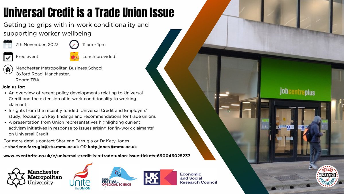 Katy Jones (@dr_katyjones) on Twitter photo Universal Credit is a Trade Union issue!
Very excited to share news of our upcoming event in collaboration with our wonderful colleagues at <a href="/Unite_Community/">Unite Community ✊🏼 #joinaunion</a> - part of #esrcfestival
🗓️ 7th Nov
⏰ 11am
📍 <a href="/mmu_business/">Manchester Metropolitan University Business School</a>
🥪free lunch!
Sign up here > eventbrite.co.uk/e/universal-cr… Universal Credit is a Trade Union issue!
Very excited to share news of our upcoming event in collaboration with our wonderful colleagues at <a href="/Unite_Community/">Unite Community ✊🏼 #joinaunion</a> - part of #esrcfestival
🗓️ 7th Nov
⏰ 11am
📍 <a href="/mmu_business/">Manchester Metropolitan University Business School</a>
🥪free lunch!
Sign up here > eventbrite.co.uk/e/universal-cr…