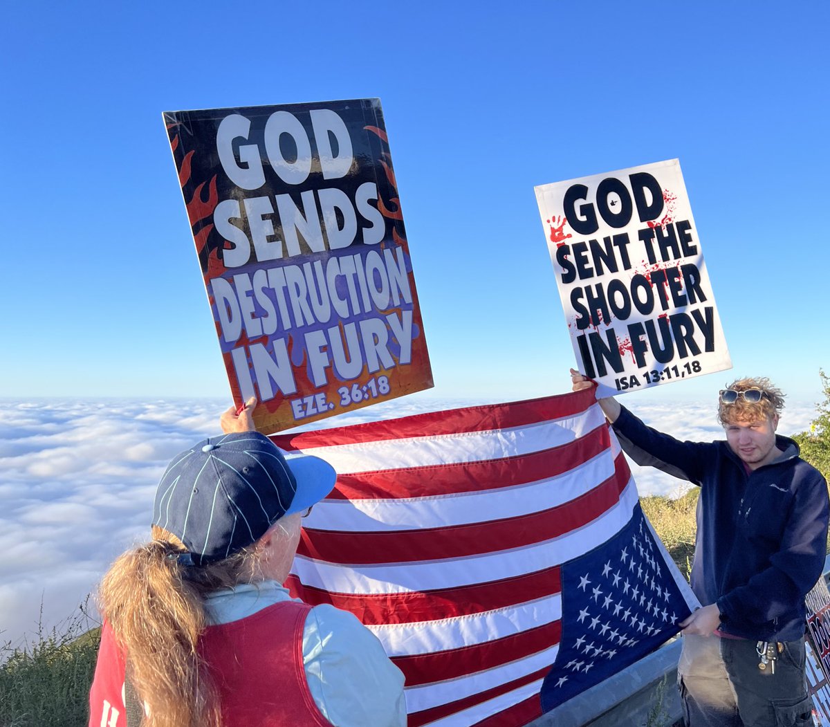 WBCTrumpet's tweet photo. The lying clergy of San Bernardino County brought the wrath of God on the people. For the proud impenitent sins that they learned from the false-hearted preachers, God sent the shooter to kill the woman with the pride flag. You must each repent or likewise perish. #MournForSin https://t.co/pMNmV5g2Qm