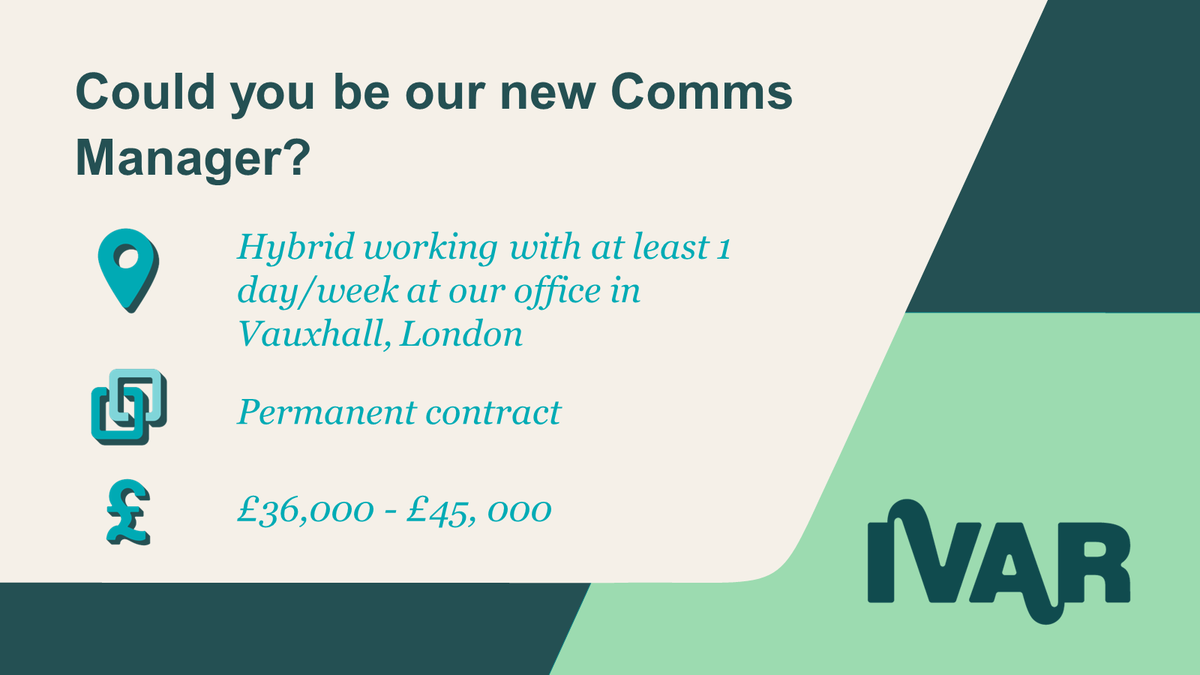 IVAR_UK's tweet photo. Join us as Comms Manager!🌟

Lead comms planning and delivery, get stuck into meaningful research (and how to share it widely!) &amp; help to drive positive change.

Think you'll enjoy this mix? Apply here before 9 Oct👇
https://t.co/wZRIRnpS8C

#CharityJob #VolSec https://t.co/f4QFp47EqE