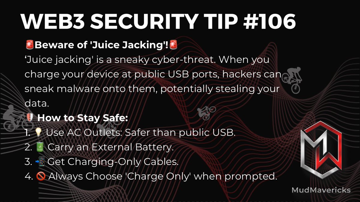 Did you know that charging at public USB ports can put your devices at risk?! 🚫

Stay safe out there, everyone.

#MudMavericks #MudMavs #Web3 #Web3Security #JuiceJacking #CybersecurityTips