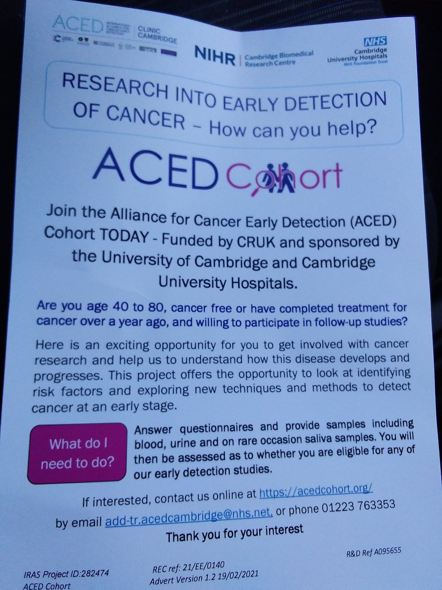 @JaneyGodley 

Been thinking of you today.
I've taken part in the #CR today

#Cancer #Research #CancerResearch  #ACEDCohort #ACED #UniversityOfCambridge  #Cambridge #University #Hospitals #TakePart #Volunteer #EarlyDetection #FreeCoffee & #FreeBiscuits #FreeParking #Addenbrookes