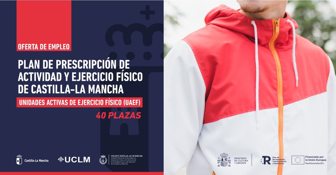 🟢4⃣0⃣plazas para trabajar en el Plan de Prescripción de Actividad y Ejercicio Físico de CLM  

▶️Graduad@ en Ciencias del Deporte o equivalente. 
▶️Colegiación en <a href="/ColefClm/">COLEF CLM</a> 
▶️Etc. 

➕ℹ️colefclm.com/post/40-plazas…