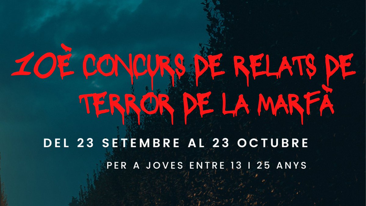 A partir d'aquest dissabte ja es poden presentar els escrits per a la X edició del Concurs jove de relats de terror de la Marfà. Per a nosaltres, llegir-los és tot un entrenament cardiofitnes! Les bases, aquí: girona.cat/biblioteques/c…
