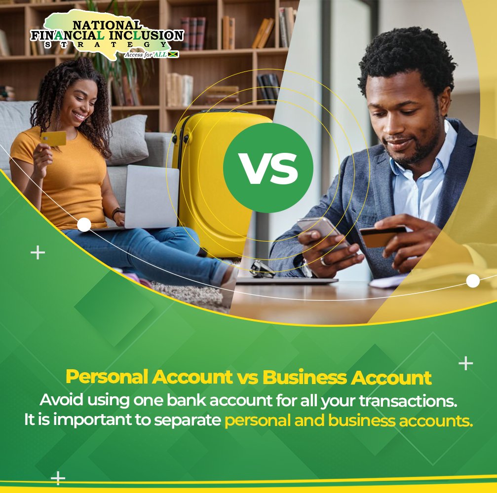CentralBankJA's tweet photo. Avoid using one bank account for all your
transactions. It is important to separate personal
and business accounts to protect your finances
and make it easier to track your spending. #NFISexplained https://t.co/cUPaIcyask
