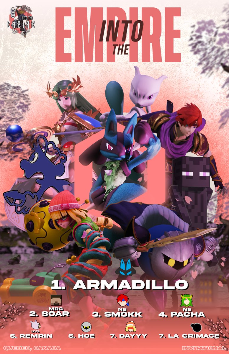 IntoTheEmpire's tweet photo. CONGRATULATIONS TO @LucArmadillo!! 🌸🌸

For winning the first ever Into The Empire QC invitational!

🥈@SoarJM 
🥉@Smokk_SSB 
🎖️@PachaBitch 
🎖️@Remrin258 
🎖️@GucciiiHoe 
🎖️@Dayyyisraw 
🎖️LA GRIMACE

Congratulations to the Top 16 as well! Phenomenal gameplay from every player! https://t.co/uaQRZSFXm9