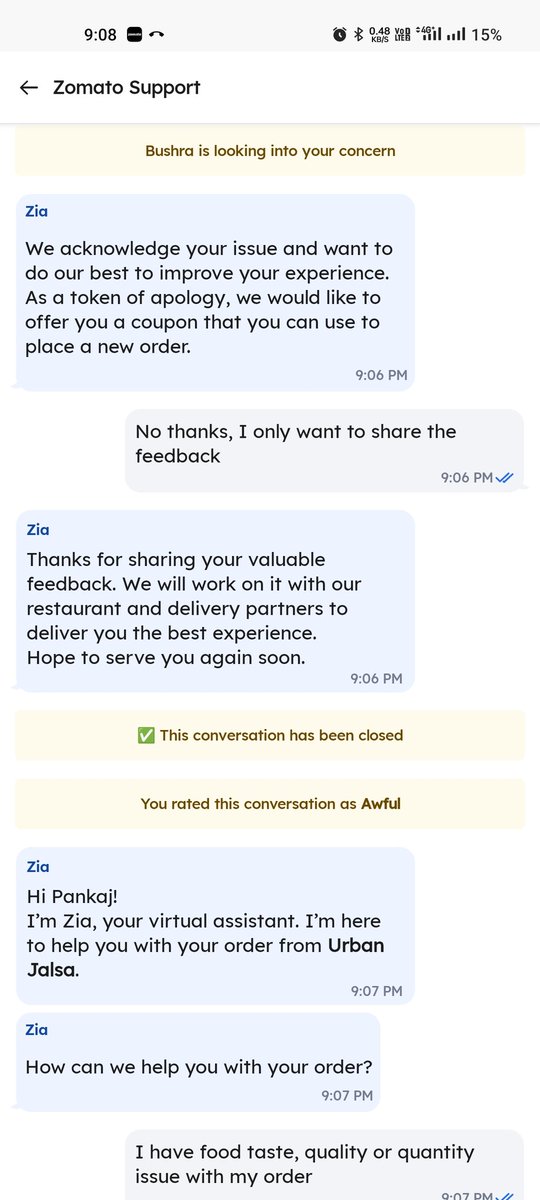 khushbhati's tweet photo. @zomato Today i have ordered food and the experience was really unsatisfactory. Despite the resolution your customer care offer some small voucher and apology. https://t.co/Pi2H8yqPZJ