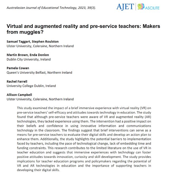 New article from @Sammy__T, @StephenRoulston, @mbrowndcu, @donenda, P.Cowan, @econrachel, A.Campbell: 'Virtual and augmented reality and pre-service teachers: Makers from muggles?' Available in @AJET_eds open access at ajet.org.au/index.php/AJET…