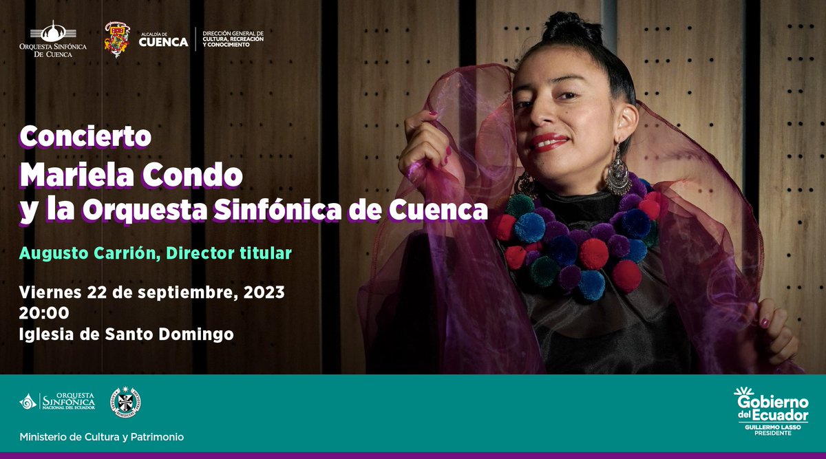 SinfonicaCuenca's tweet photo. 🎉Te invitamos al Concierto con Mariela Condo y la Orquesta Sinfónica de Cuenca🎤🎼

📆Viernes, 22 de septiembre, 2023
⏰20:00
📍Iglesia de Santo Domingo
✅Entrada libre

¡Vive una noche inolvidable! https://t.co/GGDTewFNLd