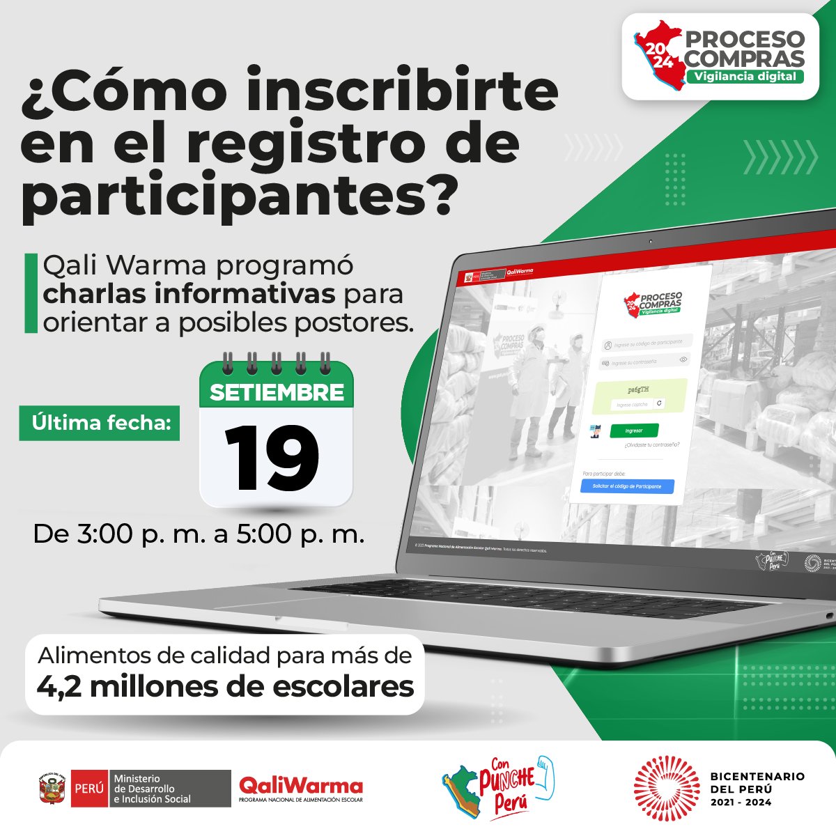 ÚLTIMA FECHA | ¿Requieres orientación para participar en el #ProcesoDeComprasQaliWarma 2024? Inscríbete en esta charla y recibe toda la información. Asegura tu asistencia en app.qaliwarma.gob.pe/Maestro/Intran…. #VigilanciaDigital.