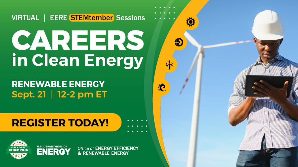 DOECMEI's tweet photo. Join us on Thursday, 9/21 to hear EERE's #RenewableEnergy leaders and employees discuss why now is the time to join the #CleanEnergy revolution at @Energy.

Register now to become a #CleanEnergyChampion!

🗓️: https://t.co/fb3GgQq7ZP

#CleanEnergyAtWork #CleanEnergyJobs https://t.co/UVRUXUBGgs