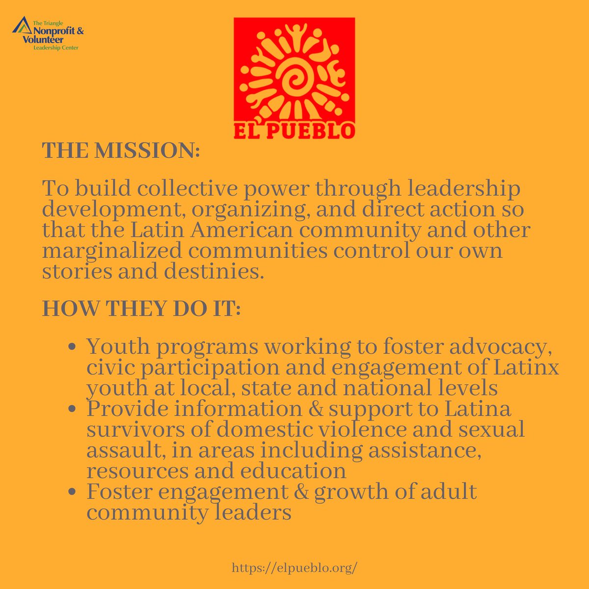 As we celebrate #HispanicHeritageMonth we're proud to shine a light on some of the incredible contributions of Hispanic and Latino-led nonprofits right here in the Triangle. Show some love for <a href="/CentroHispanoNC/">El Centro Hispano</a> <a href="/ElFuturoNC/">El Futuro</a> <a href="/elpuebloinc/">El Pueblo</a> &amp; <a href="/diamanteACC/">Diamante Arts & Cultural Center</a> 🙌🩵
