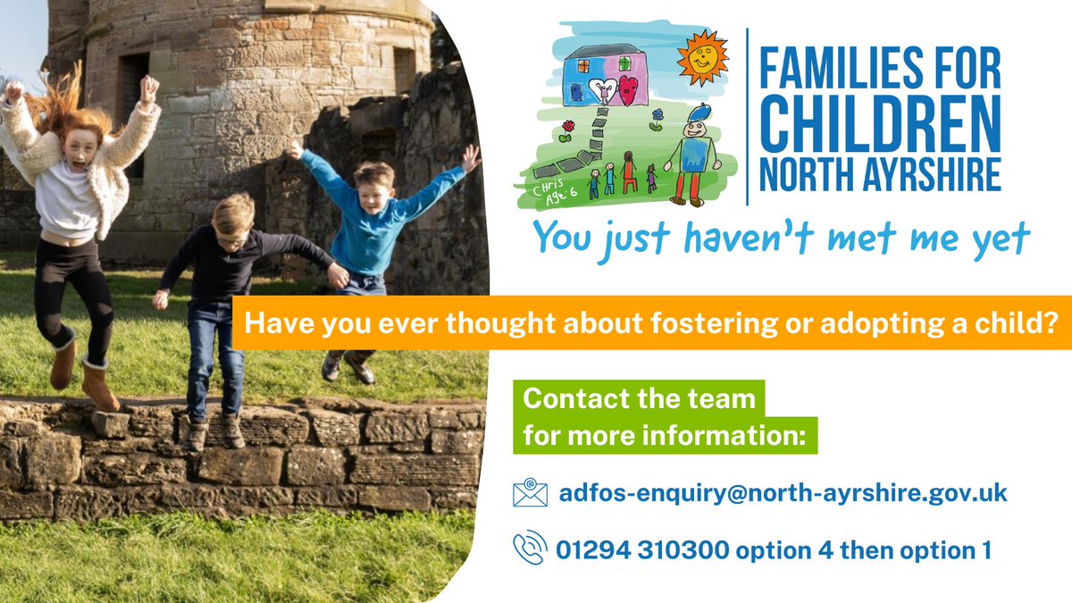 Has fostering been on your mind? Our Families for Children team would love to hear from you ❤️

Our foster carers are paid more than the Scot Gov recommended amount and we are happy to discuss your work pattern.

Call 01294 310300 or email adfos-enquiry@north-ayrshire.gov.uk.
