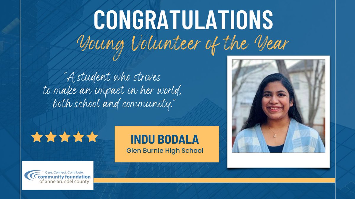 Breaking News! AACPS's own, Indu Bodala, a senior <a href="/GBHSaacps/">Glen Burnie High School</a> is the co-awardee of the Young Volunteer of the Year award from CFAAC. We can't wait to celebrate this #AACPSAwesome student at the awards luncheon in November. #Serve23