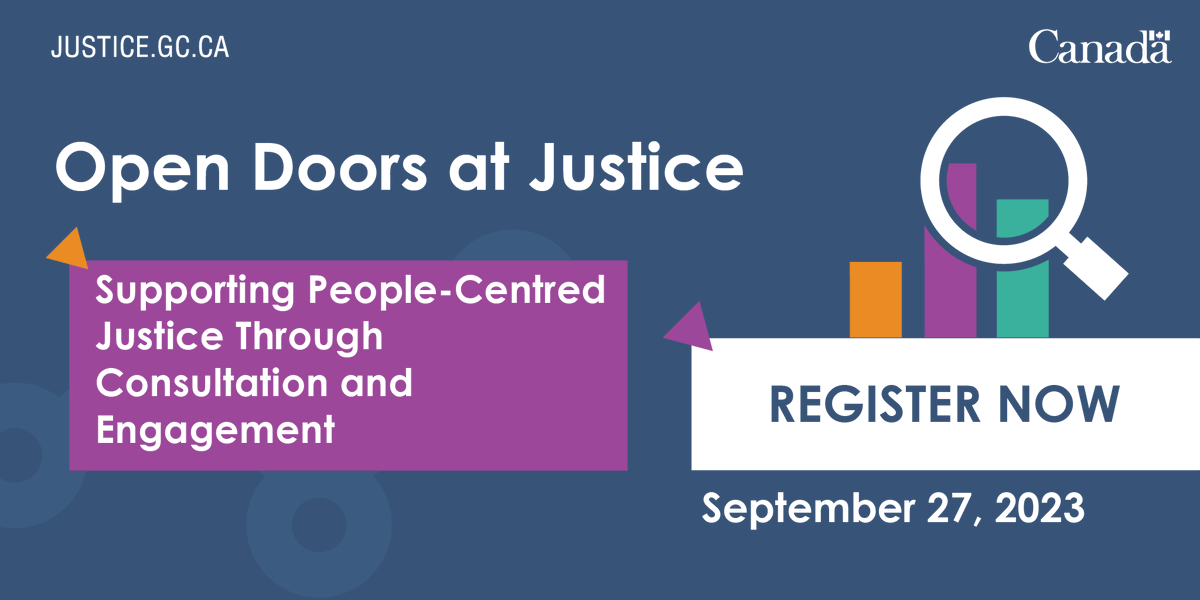 JusticeCanadaEN's tweet photo. 📣 Have You Heard? The #OpenDoorsJustice event is next week! Register to join us in-person (by September 20th) or virtually (by September 27th) to learn more about Justice Canada’s approach to consultation and engagement. https://t.co/o4pWu2srIc #RightToKnowWeek https://t.co/5bRQfvnlSr
