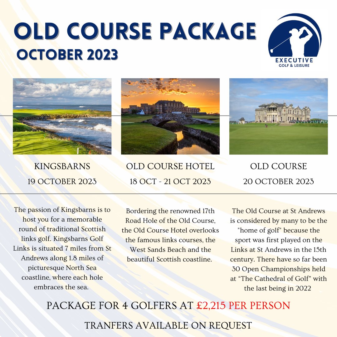 Do you want to play the Old Course? ⛳🏌️‍♂️

This is a golfer's dream! We are thrilled to be able to offer a guaranteed Old Course tee time at St. Andrews, staying at the luxurious Old Course Hotel. 

If interested contact gordonreilly@execgolf-leisure.com
