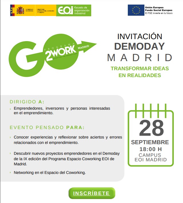 Cita importante del ecosistema emprendedor madrileño: Demoday de la IX edición del programa "Coworking Madrid" de <a href="/eoi/">EOI</a> 
¡Vente! 
Inscripciones: ow.ly/elrX50PMRf6

#emprendedores #startups