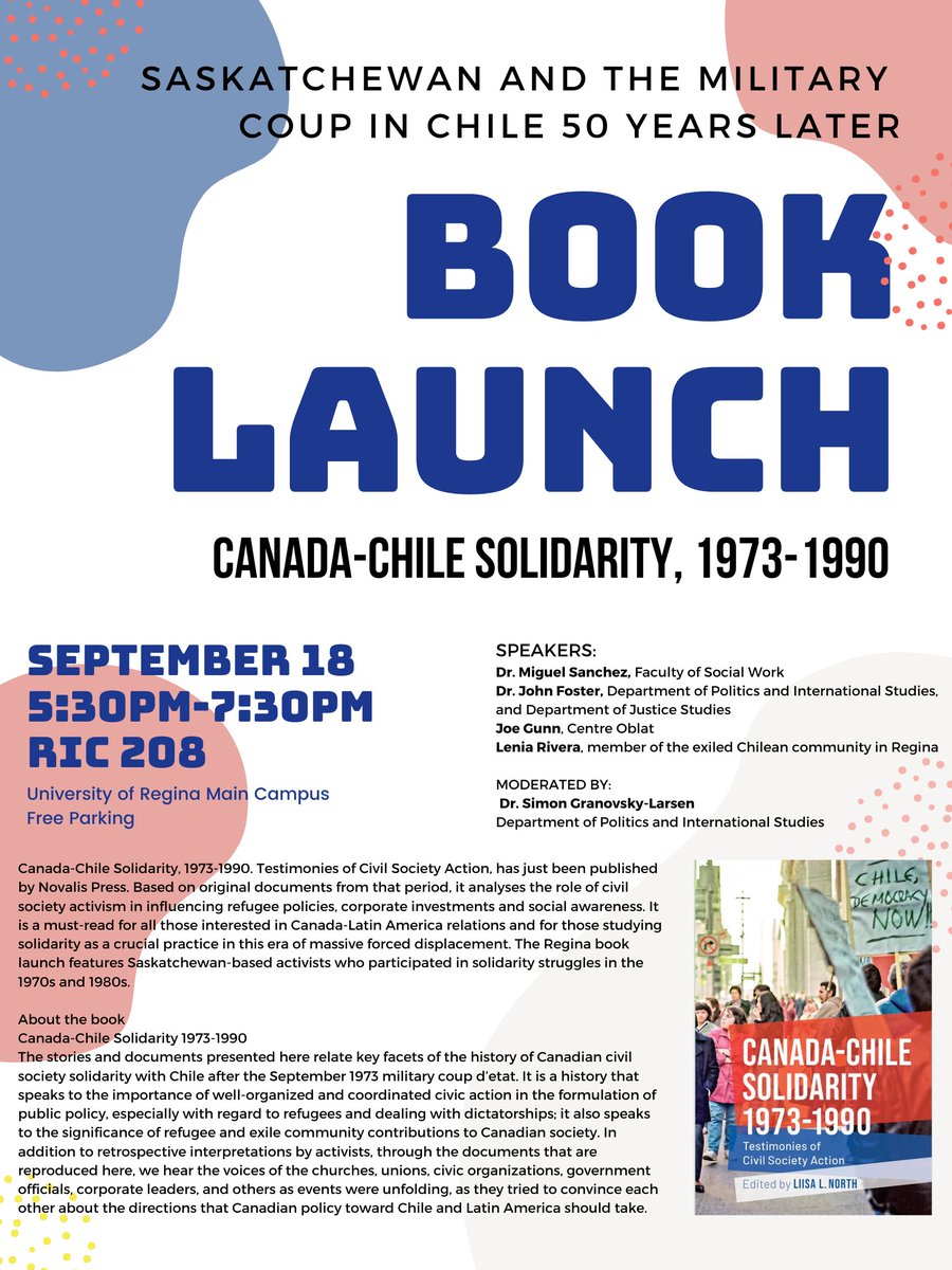 The Department of Politics and International Studies is hosting the book launch for Canada-Chile Solidarity 1973-1990 tonight from 5:30pm-7:30pm in RIC 208.