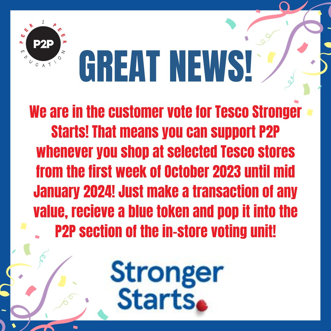 p2peducation's tweet photo. We are in the customer vote for Tesco Stronger Starts! 🎉 We want to deliver our fantastic, peer-led, one-to-one mentoring sessions to young people experiencing anxiety, depression and self-esteem issues. 

@tesconews
@GroundworkLON
#p2peducation #tescostrongerstarts https://t.co/byBs8DcLw3