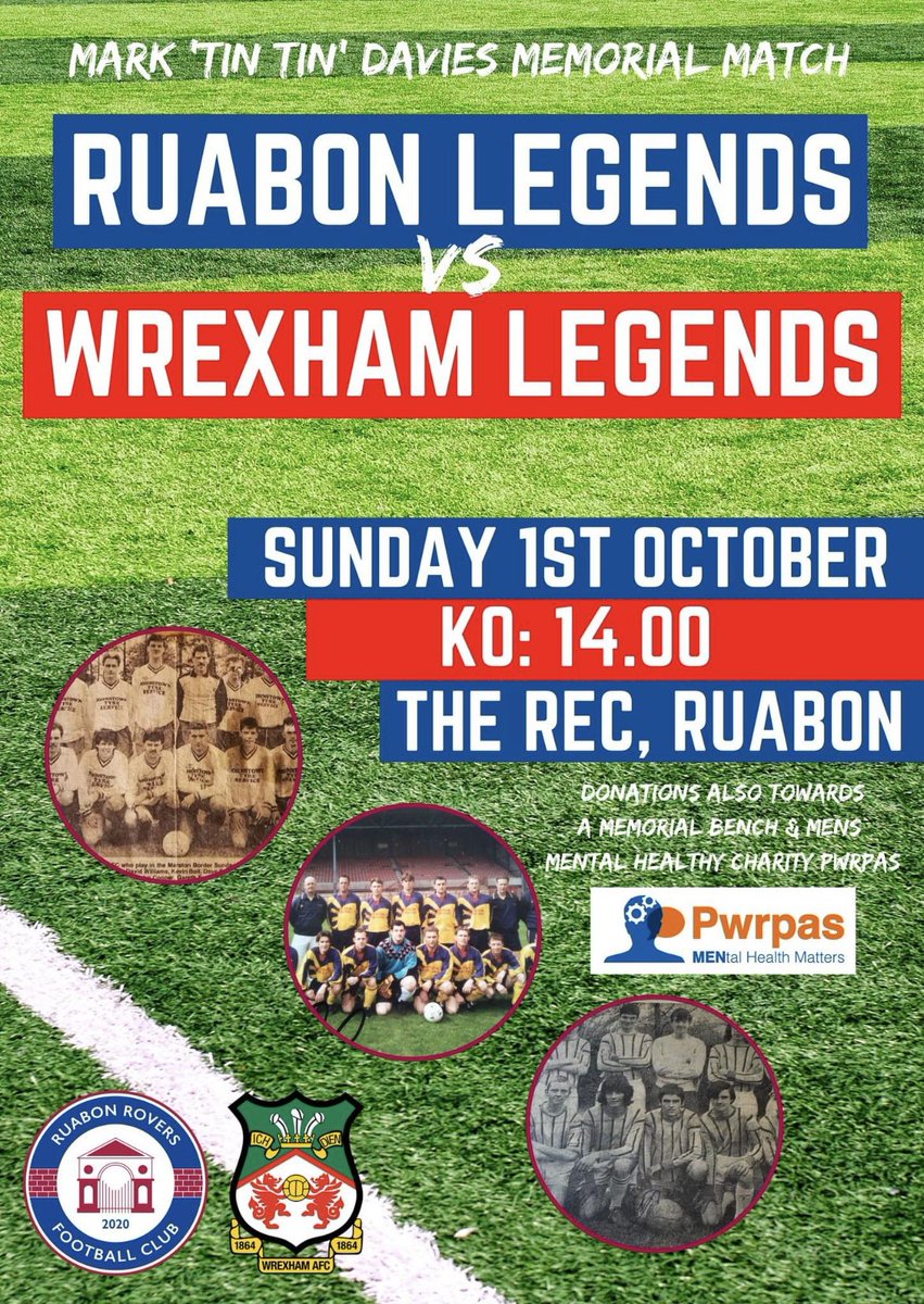 LegendsWrexham's tweet photo. Our next Legends game comes the day after @Wrexham_AFC play Crewe on Sunday 1st October and we travel to @RuabonRoversFC come along and support the lads https://t.co/IfKGn3JYqd