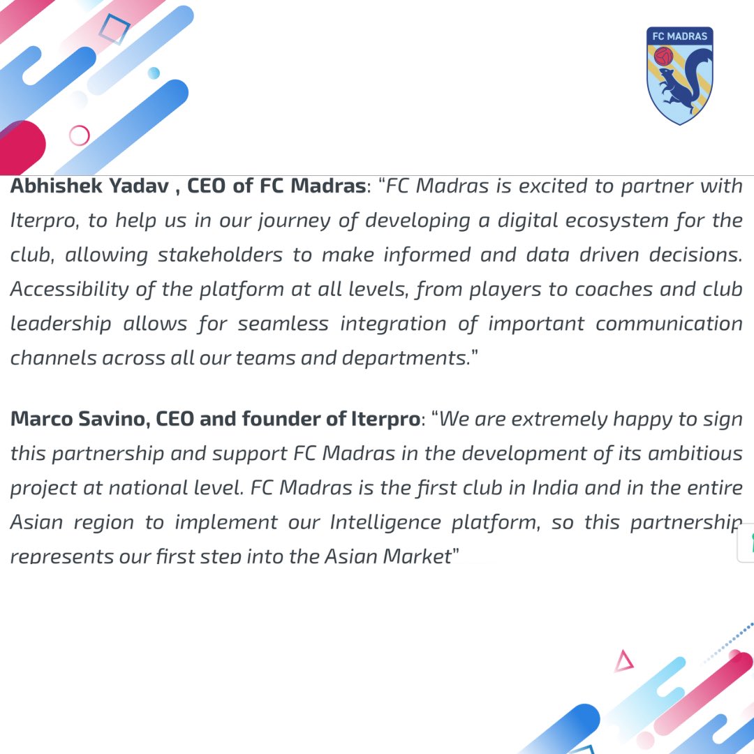 We are on the news! ⭐️⭐️

FC Madras becomes the first Indian club to join the @iterpro 

Swipe to read more. 

#fcmadras #footballintelligence #footballdevelopment #iterpro
