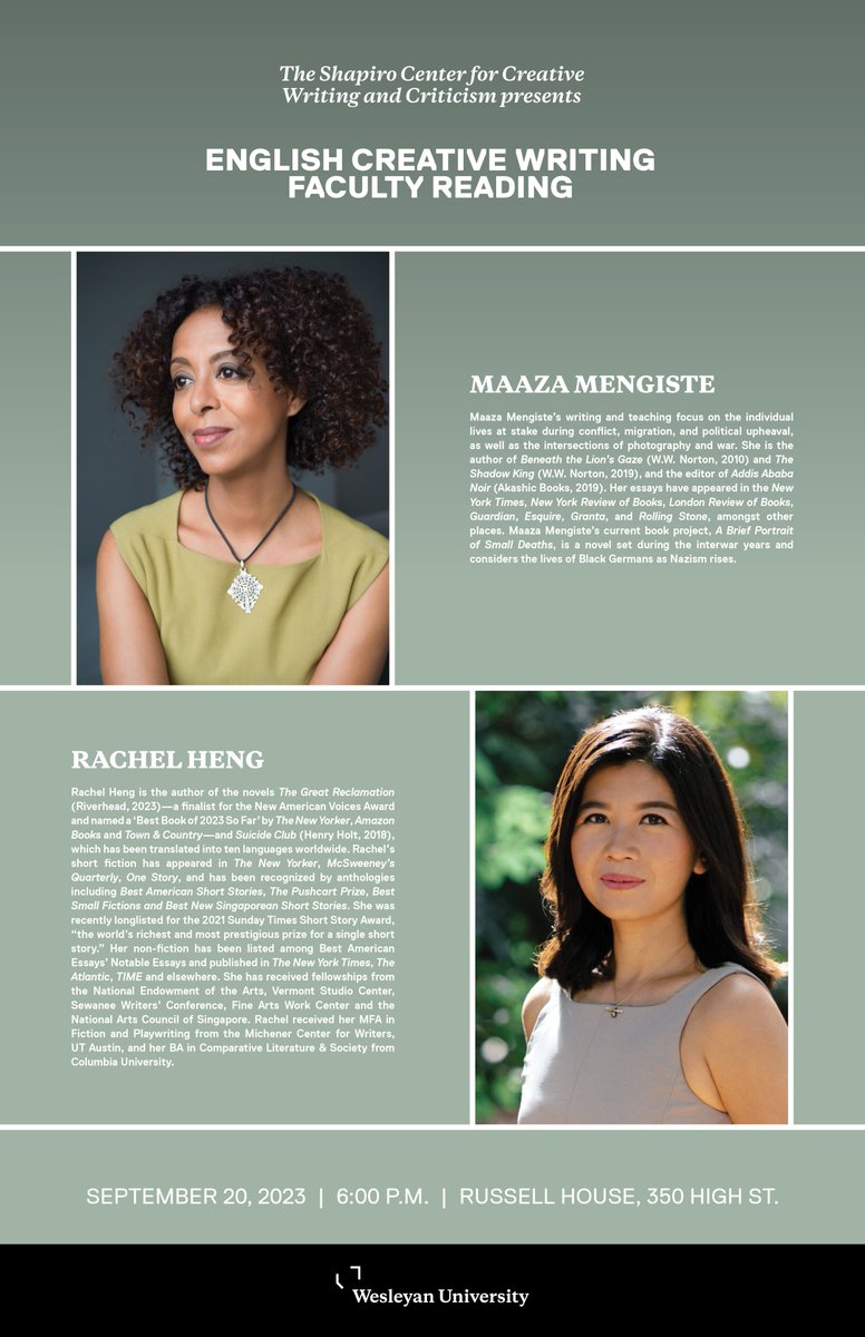 Shapiro_Center's tweet photo. Maaza Mengiste and Rachel Heng, Sept 20, 6pm Russell House @wesleyan_u https://t.co/gO0sqlzq6J