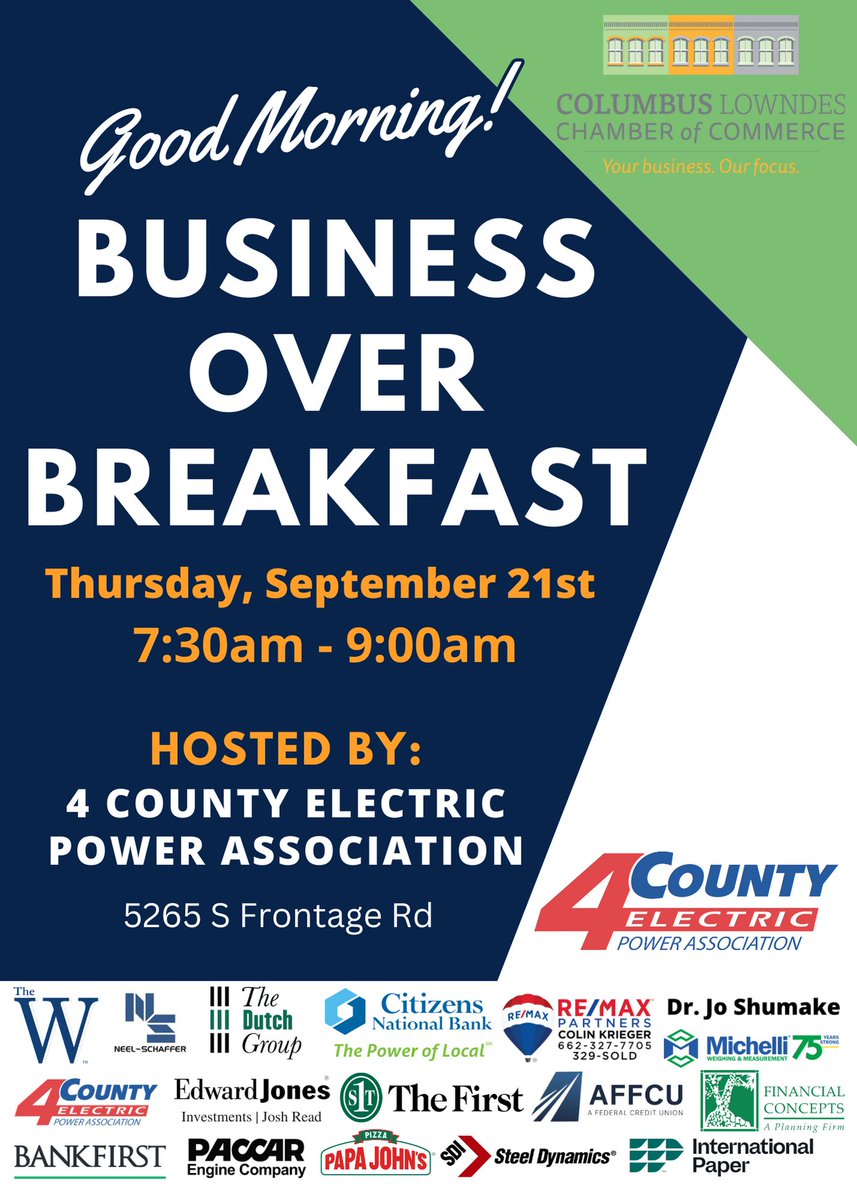 Join us for Business Over Breakfast hosted by 4-County Electric Power Association to connect with other businesses in the community!

If you would like to give a two-minute briefing on an element of your business, please fill out this Google Form:
forms.gle/pwYsHCS3izophY…