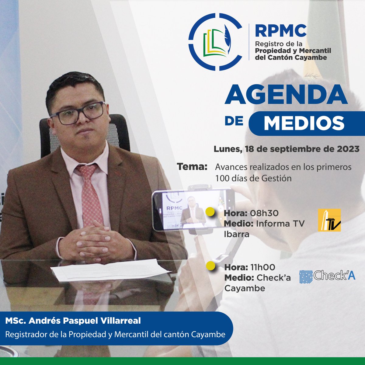 rpcayambe's tweet photo. #AgendaDeMedios | Acompáñanos este lunes 18 de septiembre del 2023 a las entrevista en: Informa Tv (#Ibarra) y #CheckA,(#Cayambe). Donde se informará sobre las actividades en estos primeros 100 días de gestión. https://t.co/jlGOVx5p4c