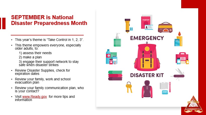 September is National Disaster Preparedness Month. Take a moment to create or refresh your emergency supply kits, discuss household emergency plan, and think about older family members or friends and help them make a plan of action as well. 
#CACDST #DeltaERT #DeltaSigmaTheta