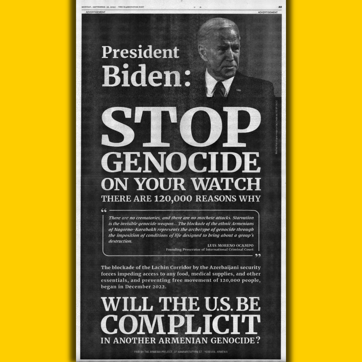 BREAKING: <a href="/washingtonpost/">The Washington Post</a> full-page ad asks <a href="/JoeBiden/">Joe Biden</a> to stop Azerbaijan's genocide of 120,000 Christian Armenians in #Artsakh - an at-risk democracy blockaded by an oil-rich dictatorship.

Stop all <a href="/StateDept/">Department of State</a> nominees until @potus acts to stop genocide: anca.org/hold