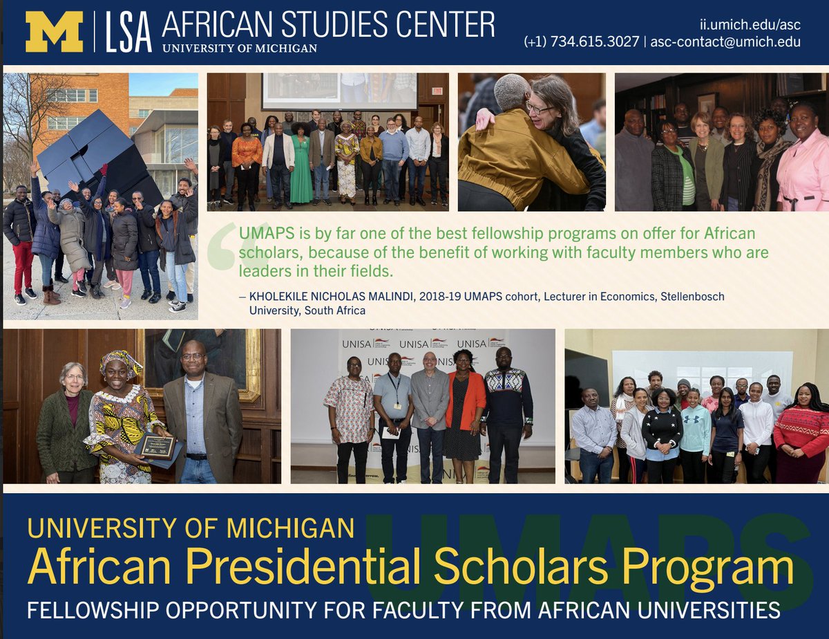 UofMAfrica's tweet photo. Do you know any college/university faculty members from Angola, Botswana, Ethiopia, Ghana, Kenya, Malawi, Mozambique, Nigeria, Rwanda, South Africa, and Uganda interested in a fellowship opportunity at the University of Michigan?
Invite them to apply: https://t.co/IqxG3AZsAL https://t.co/fKITmUVxKE