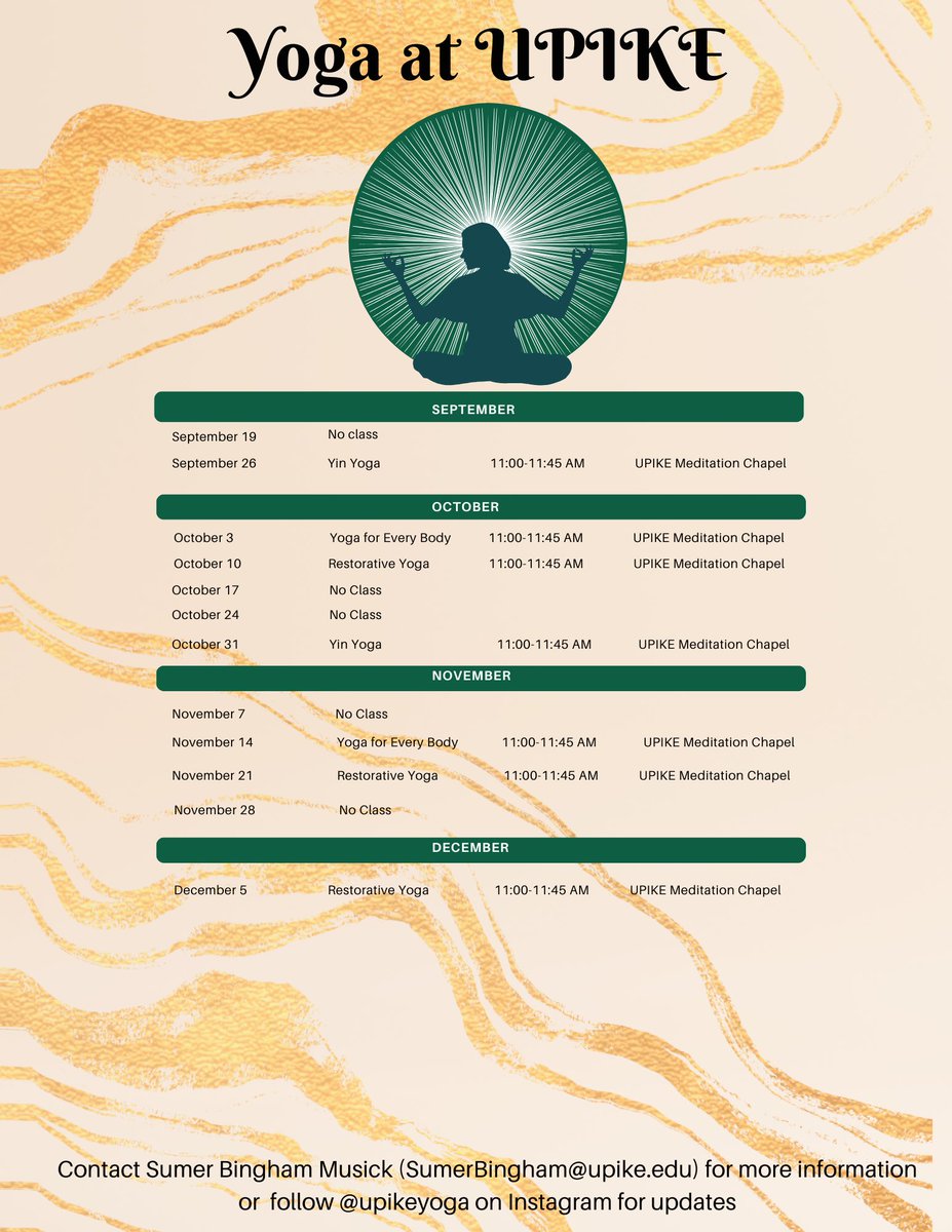 SumerMusick's tweet image. Updated yoga schedule! Be sure to follow UPIKE yoga on Instagram for updates and information. 

Reminder — no class tomorrow due to meetings.