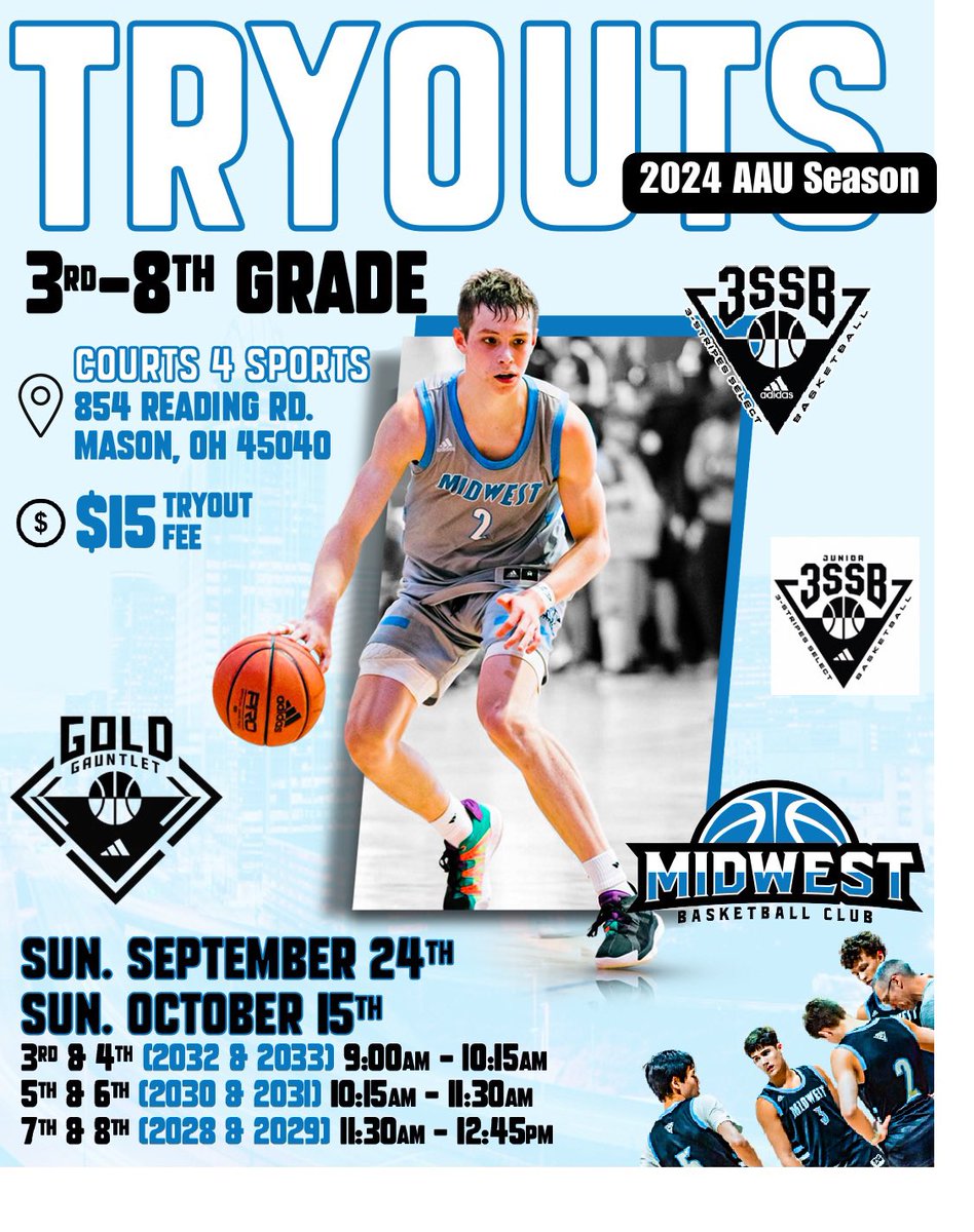Dustin Kavanaugh (@middiedk) on Twitter photo Midwest Basketball Club Tryouts are 6 Days Away!!
Must register to attend!
Multiple teams at each grade with open spots on all teams.
Dayton and Cincy area teams open
3rd-8th: shorturl.at/kqBIN
HS: shorturl.at/zELQ2
<a href="/MidwestBBClub/">Midwest Basketball Club</a> @MBCgrassroots <a href="/3SSBCircuit/">3Stripes Select Basketball</a> Midwest Basketball Club Tryouts are 6 Days Away!!
Must register to attend!
Multiple teams at each grade with open spots on all teams.
Dayton and Cincy area teams open
3rd-8th: shorturl.at/kqBIN
HS: shorturl.at/zELQ2
<a href="/MidwestBBClub/">Midwest Basketball Club</a> @MBCgrassroots <a href="/3SSBCircuit/">3Stripes Select Basketball</a>