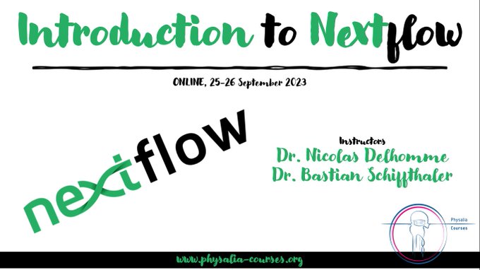 Physacourses's tweet image. There are the last 2 seats available for the 2-day Introduction to @nextflowio course.

🗓️25-26 September

🔗physalia-courses.org/courses-worksh… 
#Genomics #Bioinformatics #WorkflowManager #Pipeline @nf_core #RNAseq