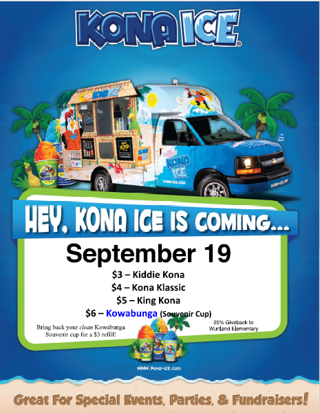 Kona Ice is coming to Wurtland Elementary tomorrow, Tuesday 19th! See the flyer for options and pricing.