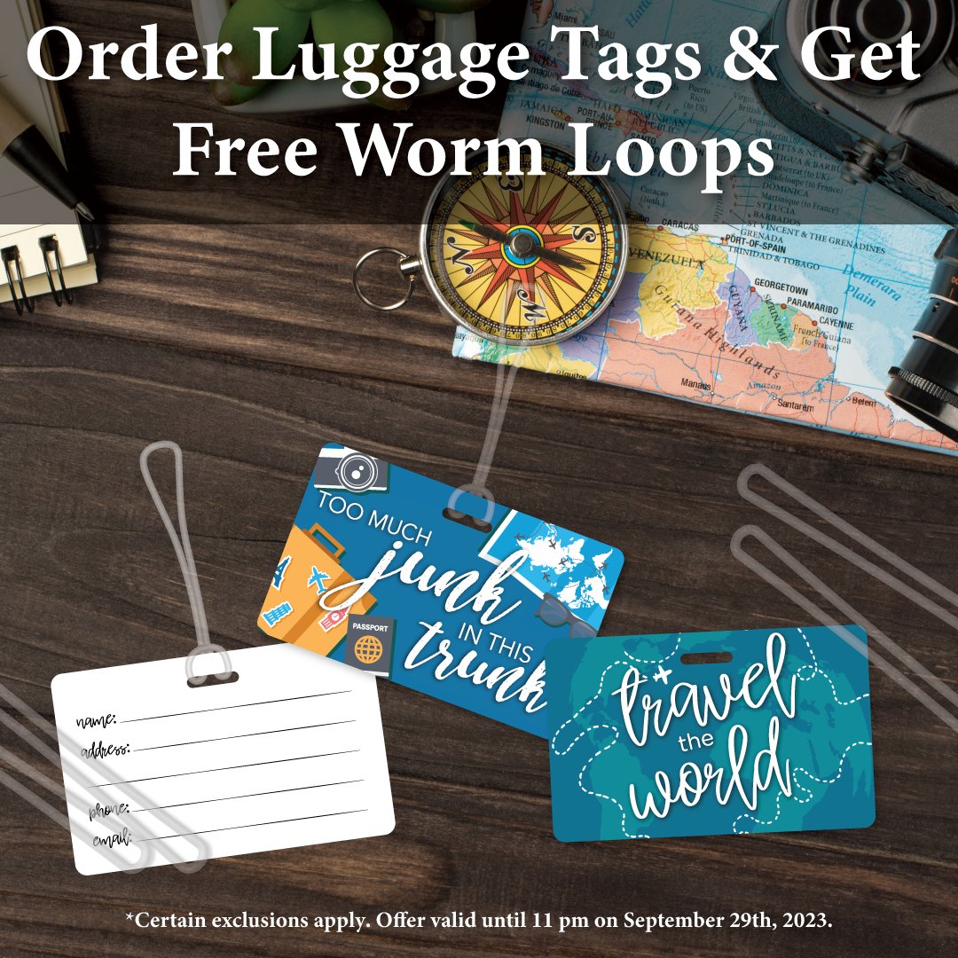 Your customers can take your business with them around the globe with our newest deal! When you order 250 luggage tags or more, we'll throw in 250 worm loops for absolutely free! Learn more: hubs.li/Q022yTLx0

#customproducts #luggagetags #deal #smallbusiness