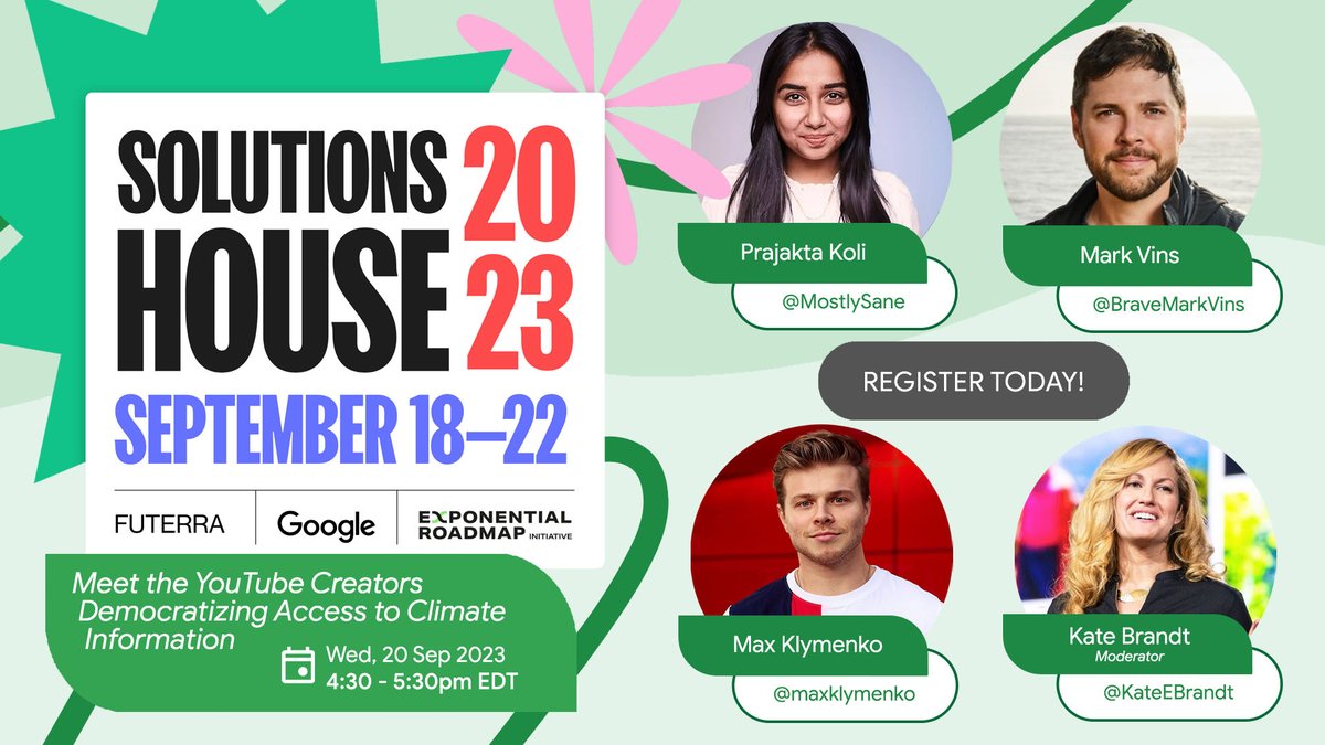 We’re co-hosting Solutions House during #ClimateWeek2023, with a panel moderated by chief sustainability officer @KateEBrandt. RSVP to hear about how YouTube creators use their platforms to democratize access to climate info → goo.gle/3ZtgmVm