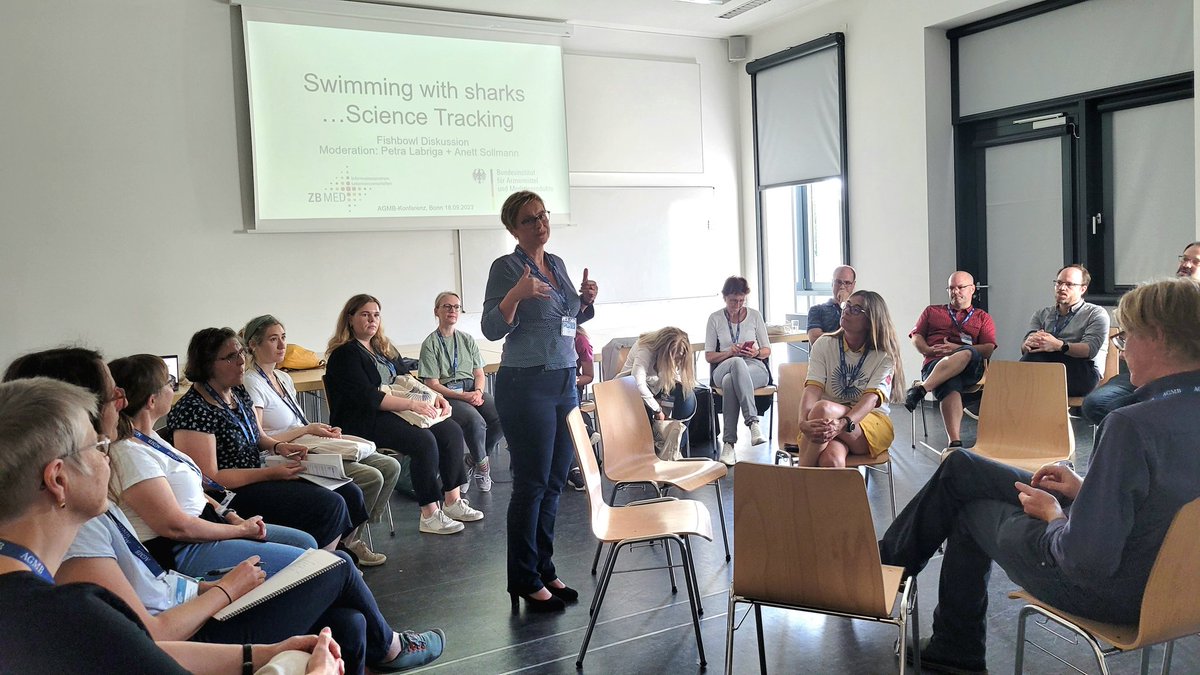 Als letzter Programmpunkt am ersten Tag der #AGMB2023 steht noch die spannende Veranstaltung mit dem Titel "Swimming with the Sharks - Fishbowl Diskussion zum Thema #ScienceTracking - wer liest mit, wenn Forschende lesen?"  an.