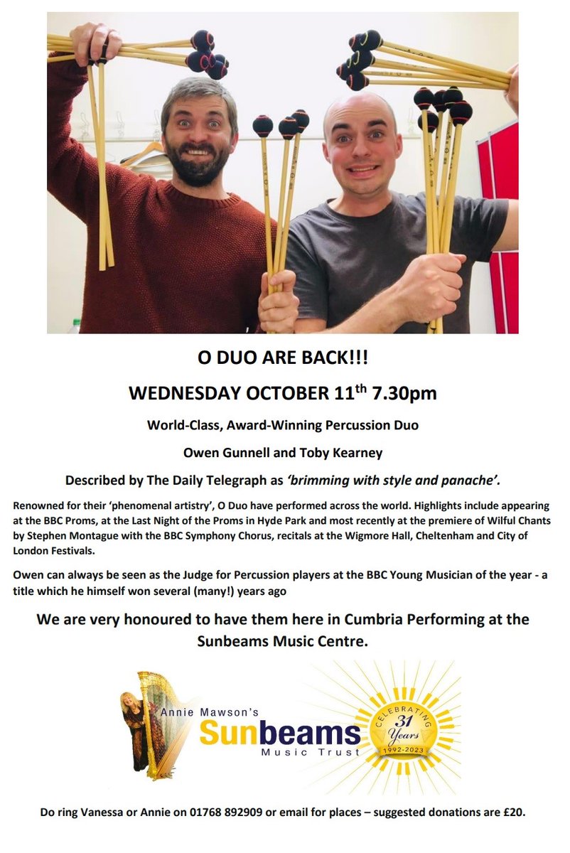 Next up in our Fundraising Concert Series... O Duo are BACK!!! You will not want to miss Owen and Toby! BOOK NOW⬇️💛💙🎵