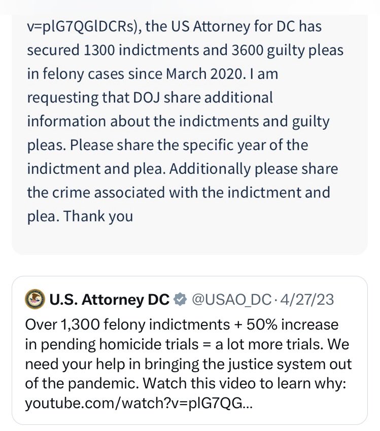 Anc6B10's tweet photo. . @USAO_DC shares in April that there have been over 1300 felony indictments in DC since 2020. I asked DOJ to share info on the indictment crimes and @USAO_DC said that it doesn’t keep that info…..so how did they come up w/ the 1300?  @alanhenney @RealTimeNews10 @dccrimefacts https://t.co/hUc2mozbdd