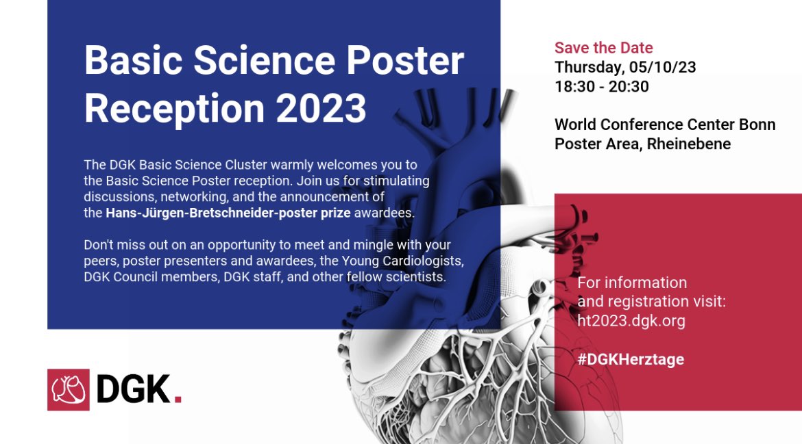 Dear #BasicScientists 🔬🫀 The @DGK_org warmly welcomes you to the Basic Science Poster Reception 2023 during the #DGKHerztage in Bonn! A great opportunity to network with other young and experienced scientists in the field that shouldn‘t be missed❗️