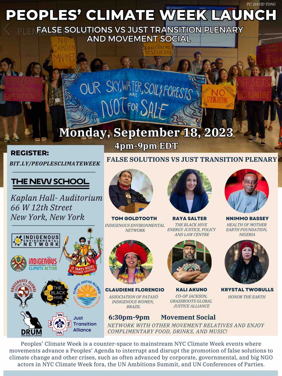 ggjalliance's tweet photo. Today, 4-9pm ET, join us in person at @TheNewSchool or virtually for the “False Solutions vs Just Transition Plenary” to hear from frontline leaders advancing a strategic vision for climate. 

RSVP ▶️ https://t.co/kZdUeMyYFx

#ClimateWeekNYC #PeoplesClimateWeek https://t.co/eontHnp2xi