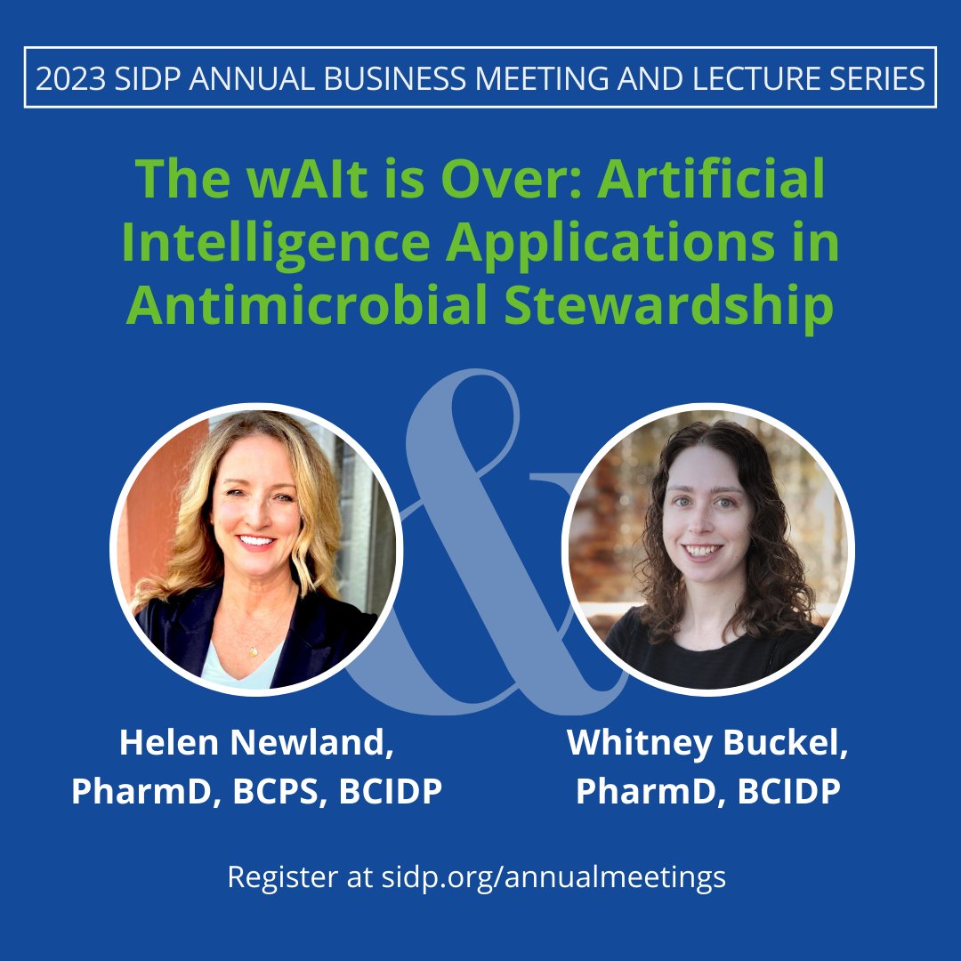 SIDP (@sidpharm) on Twitter photo Join <a href="/helennewland/">Helen Newland</a> and <a href="/tinymuscles/">Whitney Buckel</a> and get BCIDP/ACPE credit while learning how #ArtificialIntelligence can be used to improve your current ID practice! #SIDP2023 #IDWeek2023
Register today! sidp.org/annualmeetings Join <a href="/helennewland/">Helen Newland</a> and <a href="/tinymuscles/">Whitney Buckel</a> and get BCIDP/ACPE credit while learning how #ArtificialIntelligence can be used to improve your current ID practice! #SIDP2023 #IDWeek2023
Register today! sidp.org/annualmeetings