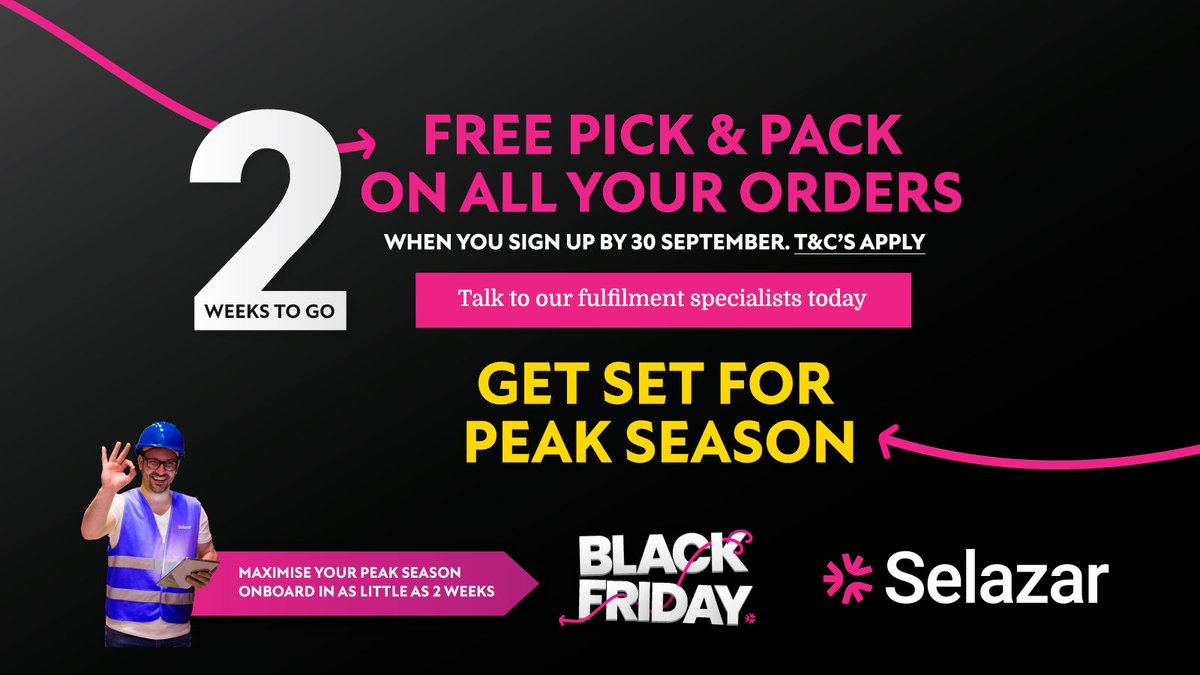 ⏰Limited time left! Our unbeatable #BlackFriday offer ends in 2️⃣weeks!
Sign up by 30 Sept for FREE pick &amp; pack on ALL your orders placed on Black Friday.*

Don't wait until its too late - secure your spot today with Selazar. 
Get started.👇
bit.ly/46iApHZ

*T&amp;C's apply