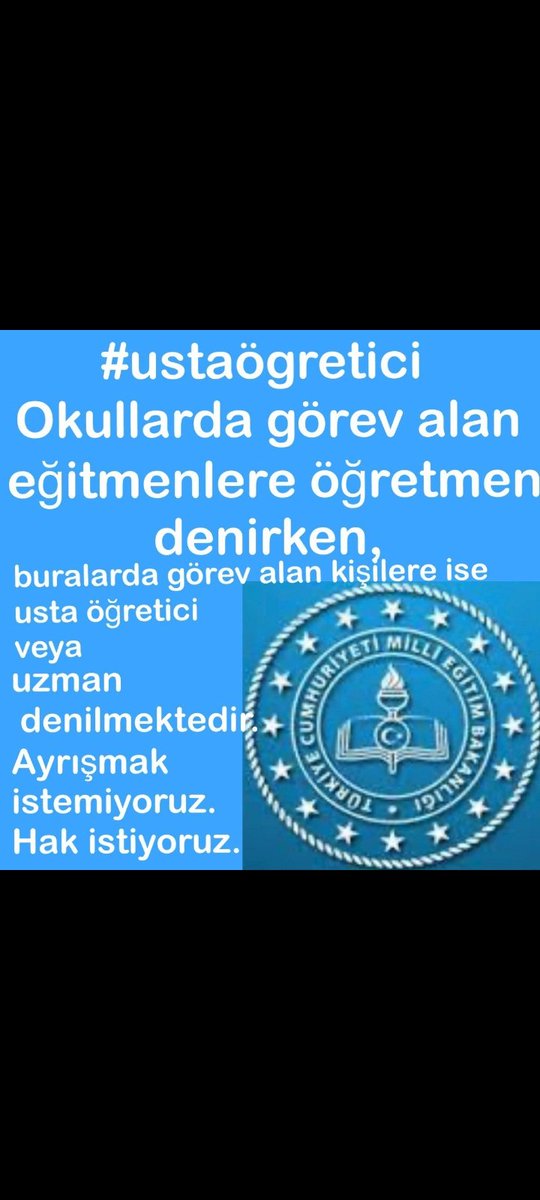#ustaöğreticiyehak  Yıllarını bu mesleğe adamış usta öğreticiler için bir hak verilmedi ve ötelendi artık bu hayat şartlarında geçim zorluğu çeken usta öğreticiler için statü ve özlük haklar verilip geleceğimize umutla bakmak istiyoruz. <a href="/Yusuf__Tekin/">Yusuf Tekin</a>
<a href="/mebhbogm/">MEB Hayat Boyu Öğrenme Genel Müdürlüğü</a> <a href="/tcmeb/">Millî Eğitim Bakanlığı</a> <a href="/RTErdogan/">Recep Tayyip Erdoğan</a>
4